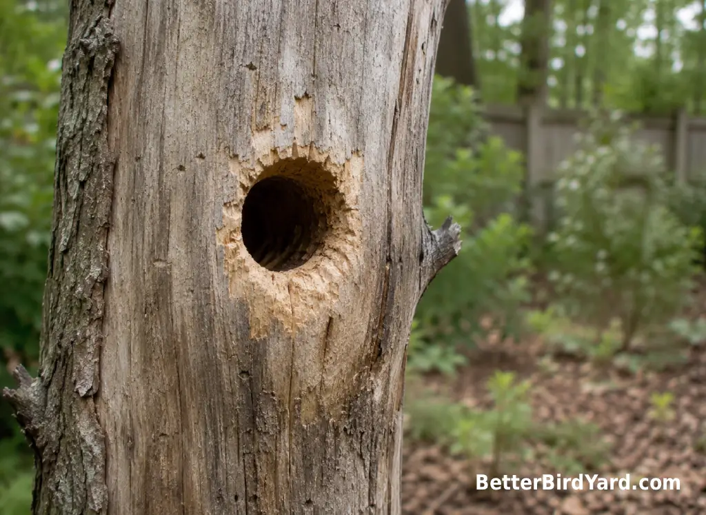 A round woodpecker nest entrance is visible in a dead tree trunk in a suburban yard.