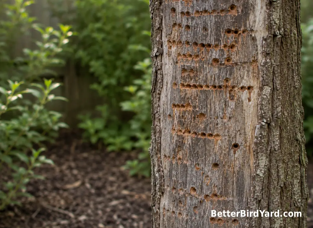Neat rows of small sapsucker holes are visible on a tree trunk in a backyard.