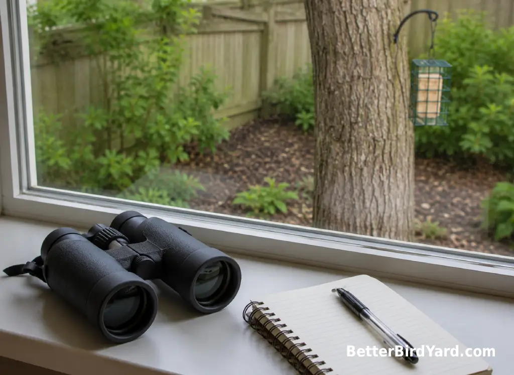 Binoculars and a notebook sit near a window looking out at a backyard tree and suet feeder.