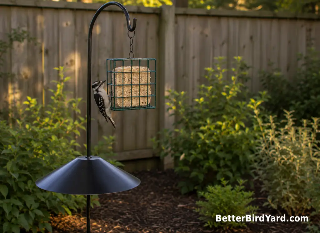 A clean suet feeder with a squirrel baffle hangs near native shrubs in a small backyard.