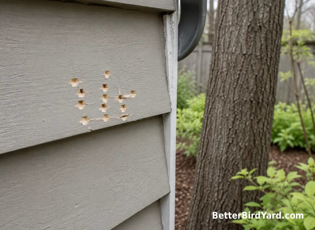 A small area of woodpecker peck marks is visible on painted siding near a backyard tree.