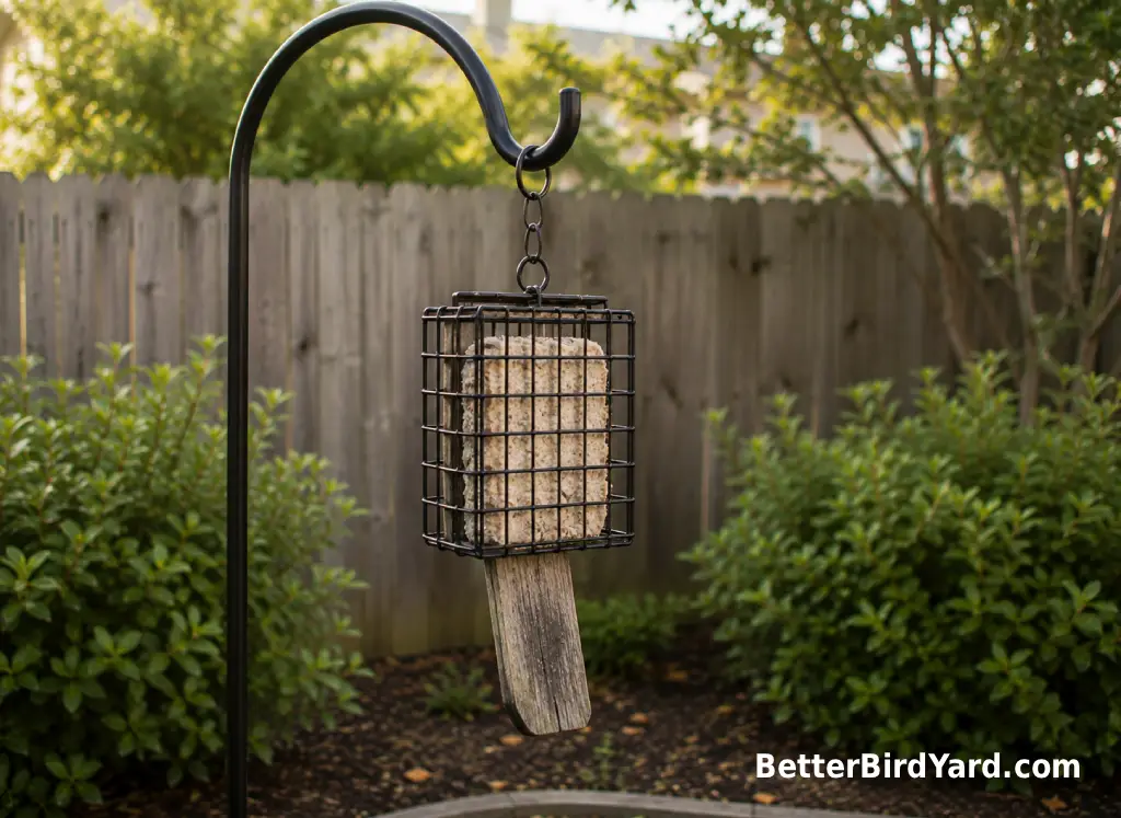 A tail-prop suet feeder hangs from a shepherd hook near shrubs in a backyard.