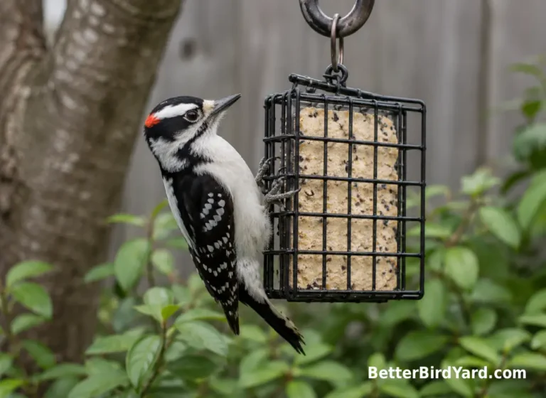 A Downy Woodpecker clings naturally to a suet cage in a quiet backyard.