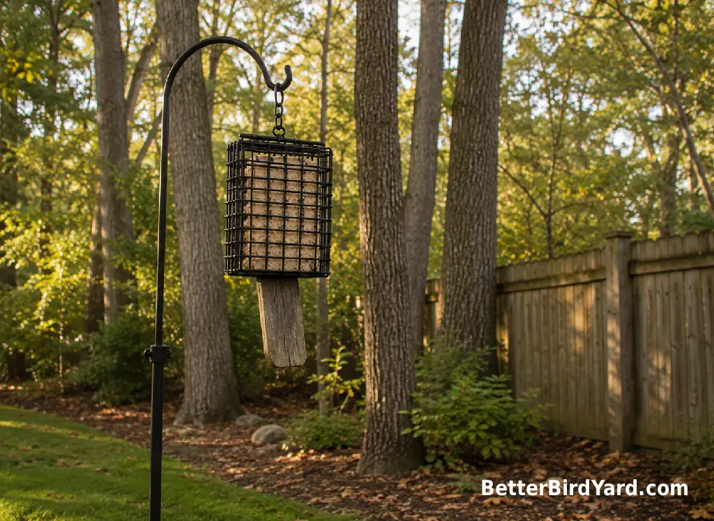 A large tail-prop suet feeder hangs near mature trees at the edge of a backyard.