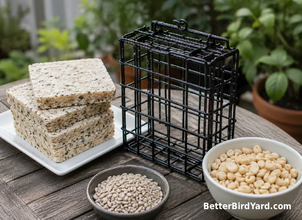 Fresh suet cakes, unsalted peanuts, and sunflower hearts are arranged beside a clean feeder.