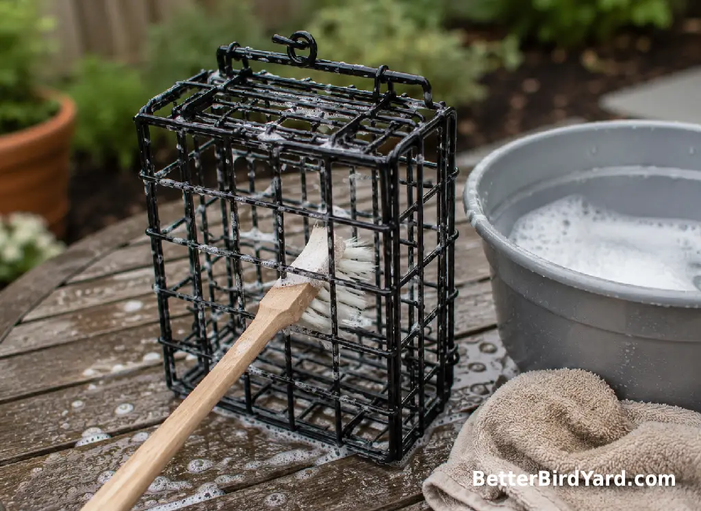 A suet feeder is being cleaned with a brush beside a bucket on a patio table.