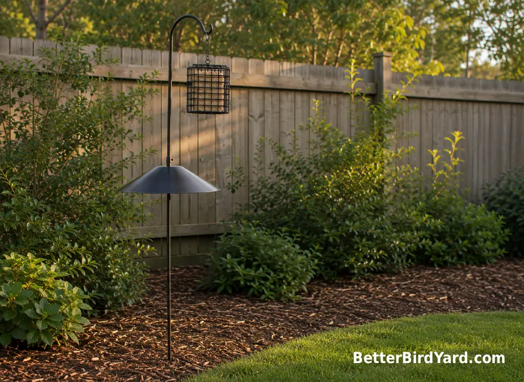 A baffled suet feeder hangs from a pole with open space below it.