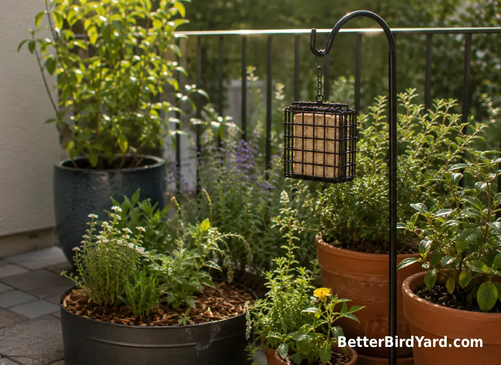 A compact suet feeder hangs from a patio hook near potted native plants.