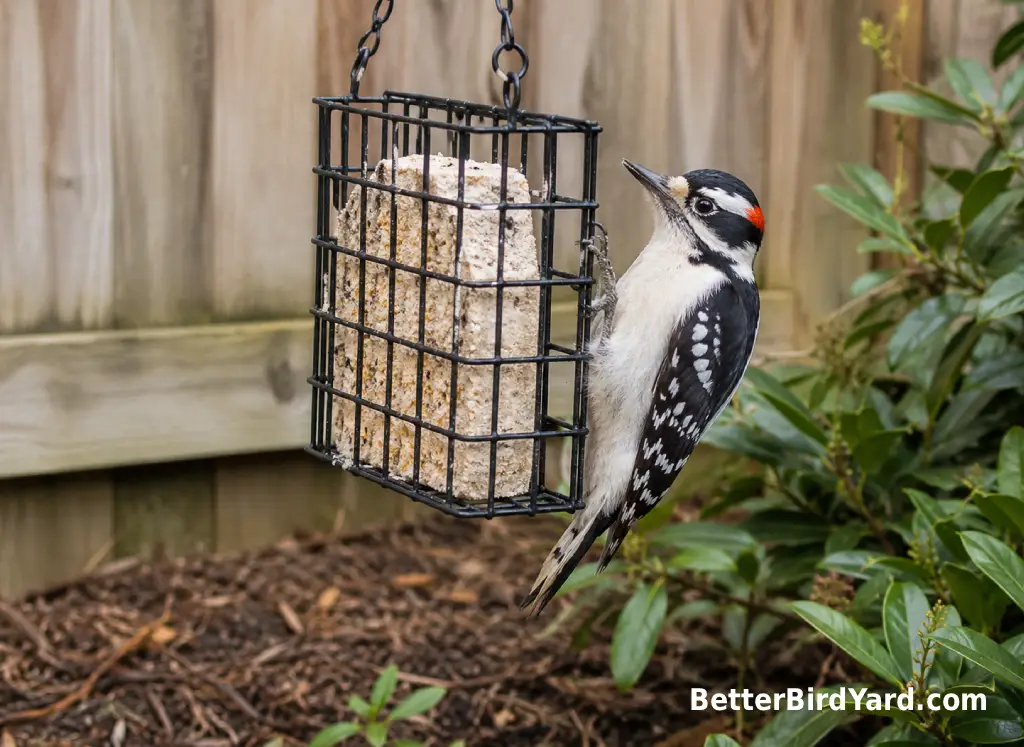 A downy woodpecker clings to a clean suet feeder in a small suburban backyard.