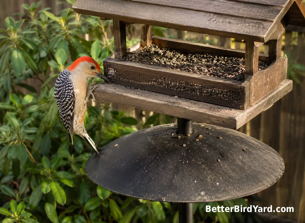 A red-bellied woodpecker reaches toward sunflower seed on a covered platform feeder.
