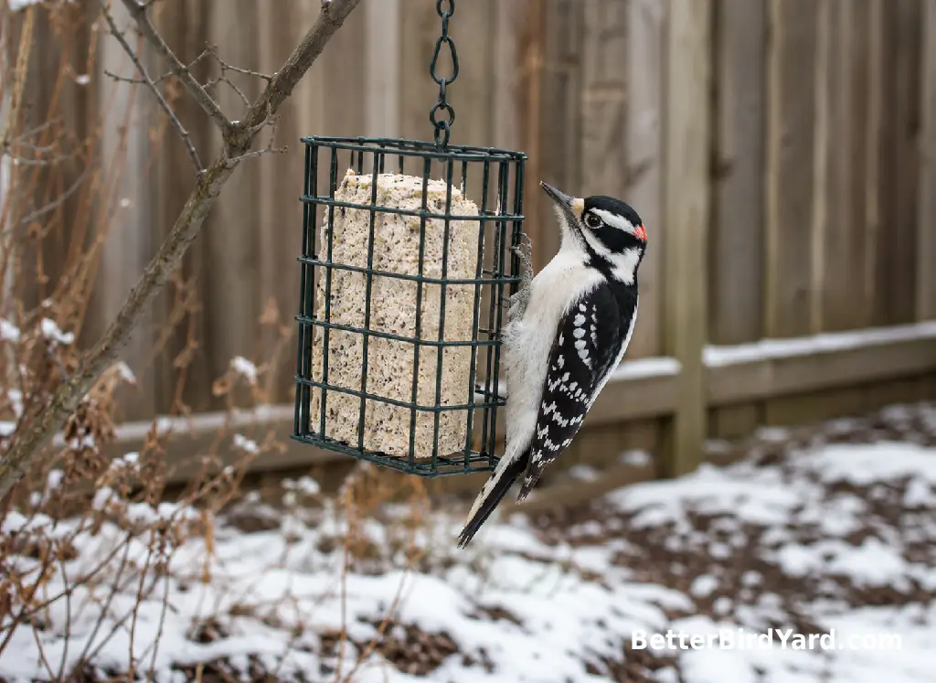 A suet feeder hangs near bare branches in a quiet winter backyard.