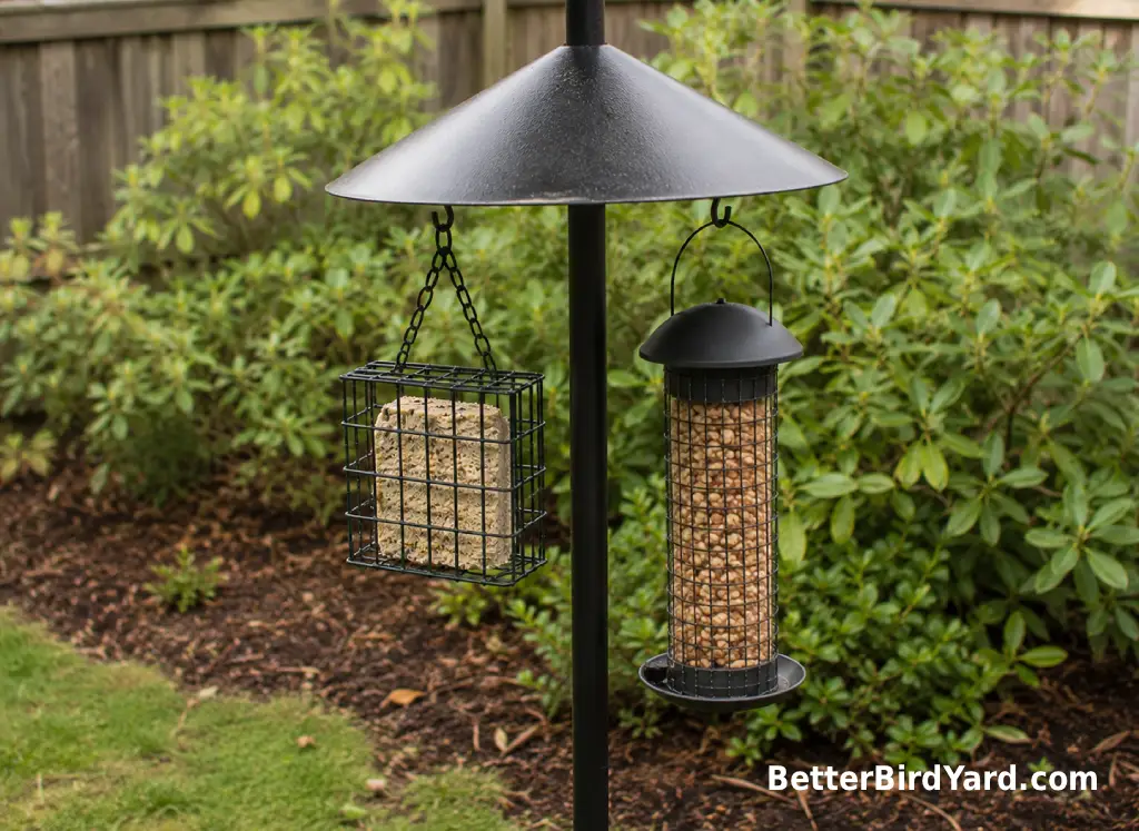A clean suet cage and peanut feeder hang from a baffled pole near shrubs.