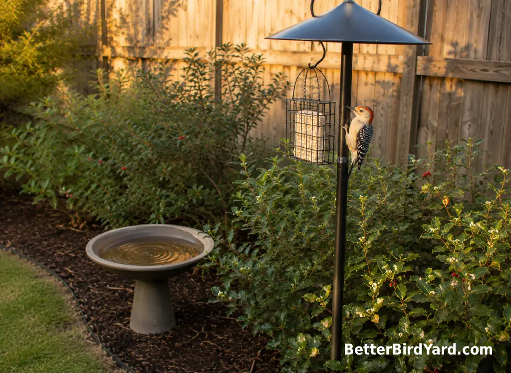 Native shrubs and a clean suet feeder create a simple woodpecker-friendly backyard corner.
