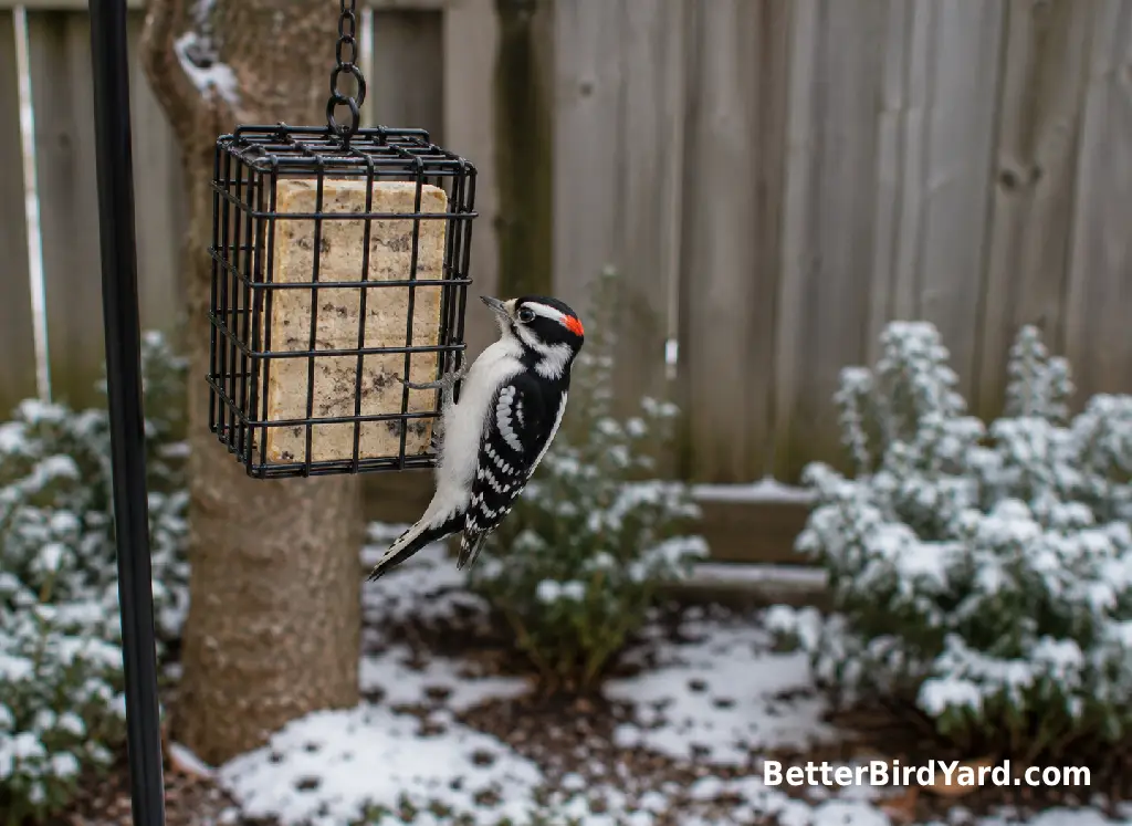 A Downy Woodpecker clings to a suet feeder in a snowy suburban backyard.