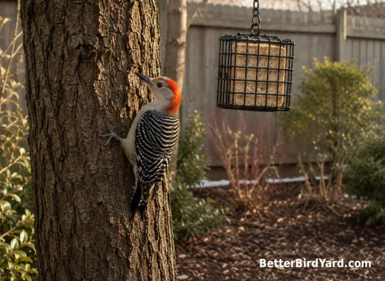 A Red-bellied Woodpecker perches on a tree trunk near a backyard suet feeder.