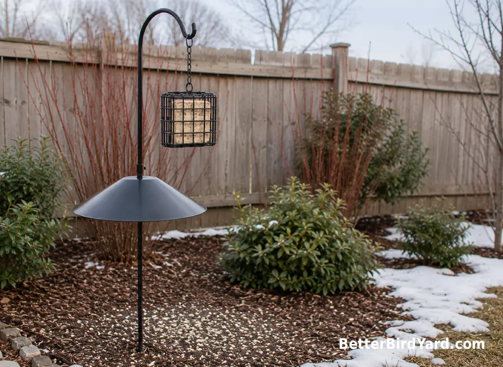 A clean suet cage hangs from a baffled pole near native shrubs in a winter backyard.