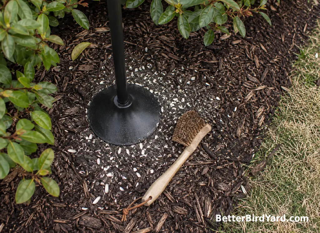 Fresh seed hulls and a feeder brush sit below a clean backyard feeder.