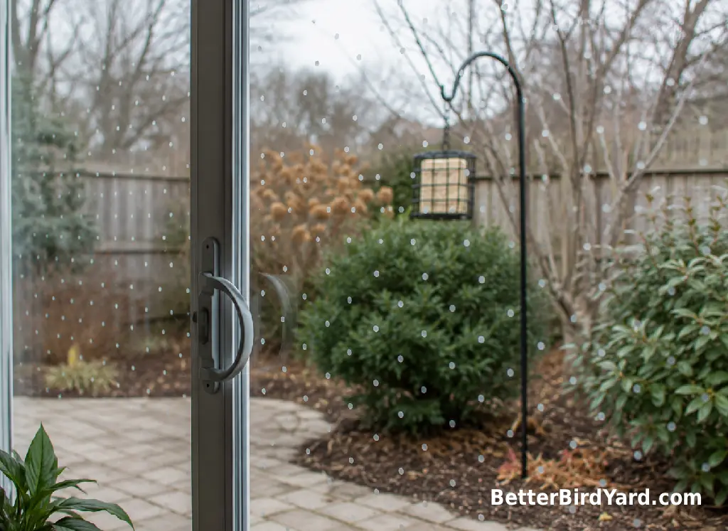 A patio door with bird-safe dot decals faces a quiet backyard feeder.
