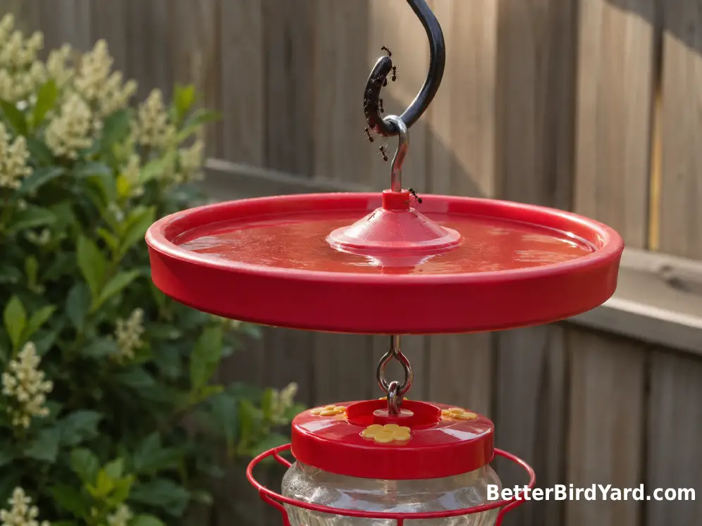 A water-filled ant moat hangs above a red hummingbird feeder as ants approach along the upper hook.