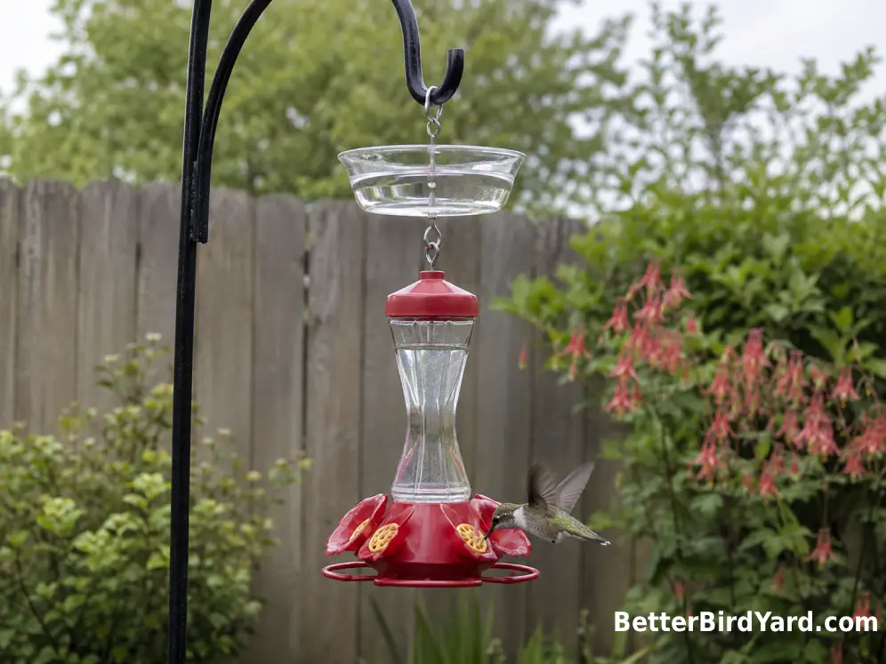 A hummingbird feeder hangs below a water-filled ant moat from a single metal hook on a patio pole.