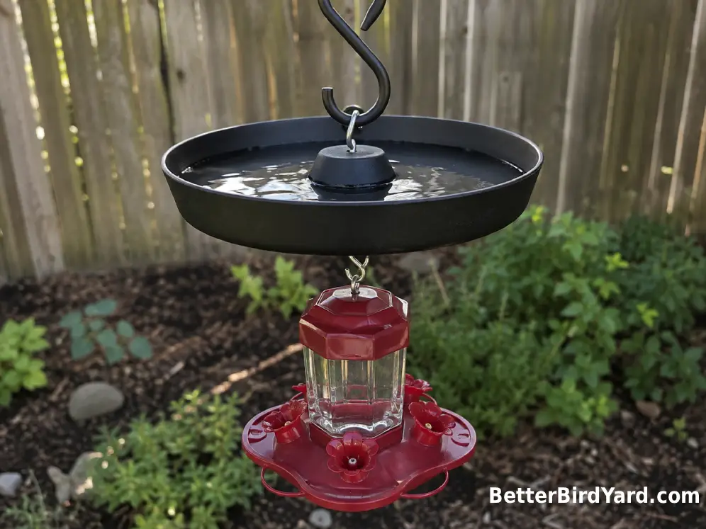 A clean ant moat is filled with plain water above a hummingbird feeder in a quiet backyard.