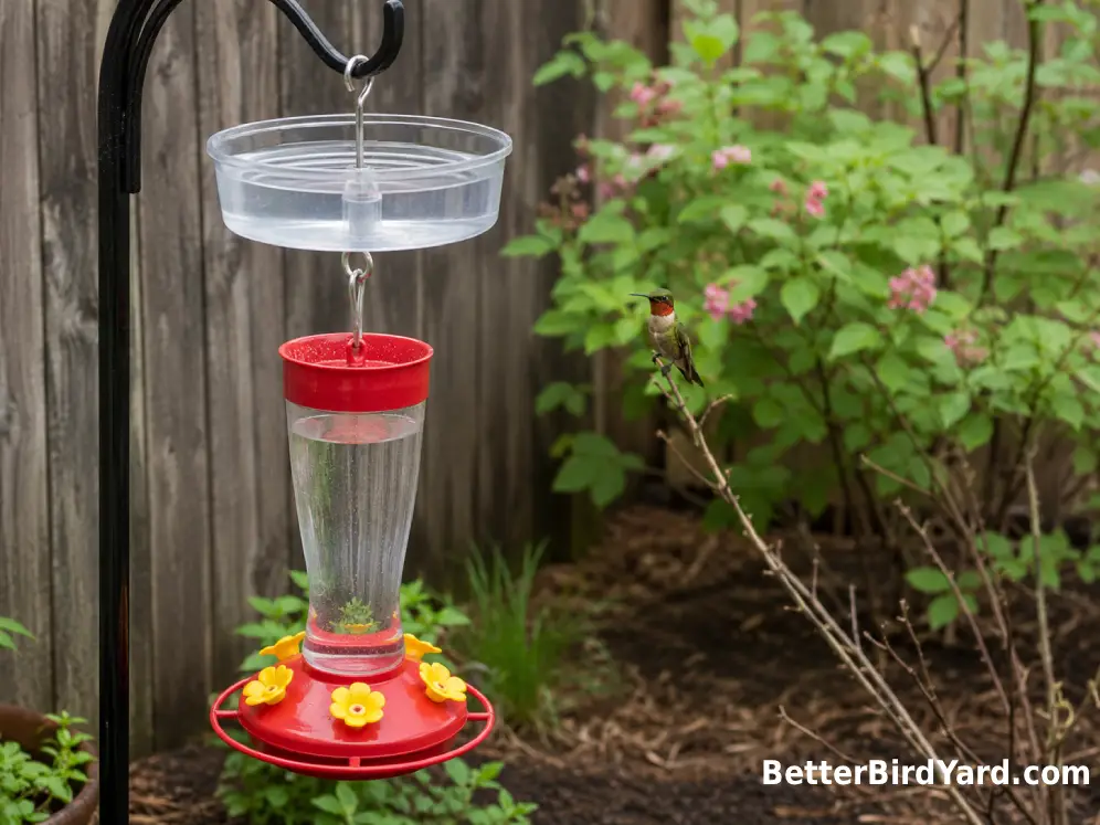 A clean hummingbird feeder and plain water-filled ant moat hang in a pesticide-free patio garden.