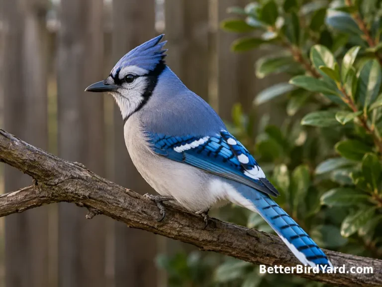 An adult Blue Jay perches sideways on a natural branch with its blue barred wings, crest, and black necklace clearly visible.