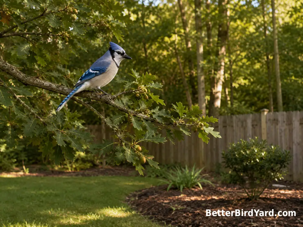 A Blue Jay sits in an oak tree at the edge of a leafy suburban backyard with a wooden fence in the distance.