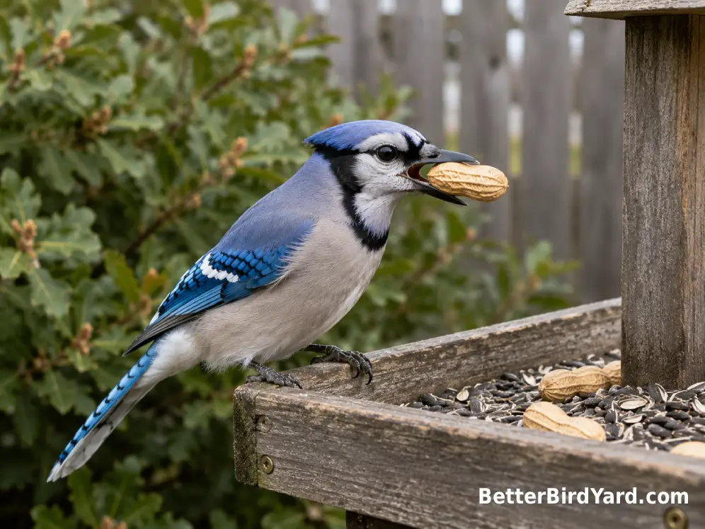 A Blue Jay holds an unsalted peanut on a sturdy platform feeder beside sunflower seeds in a suburban backyard.