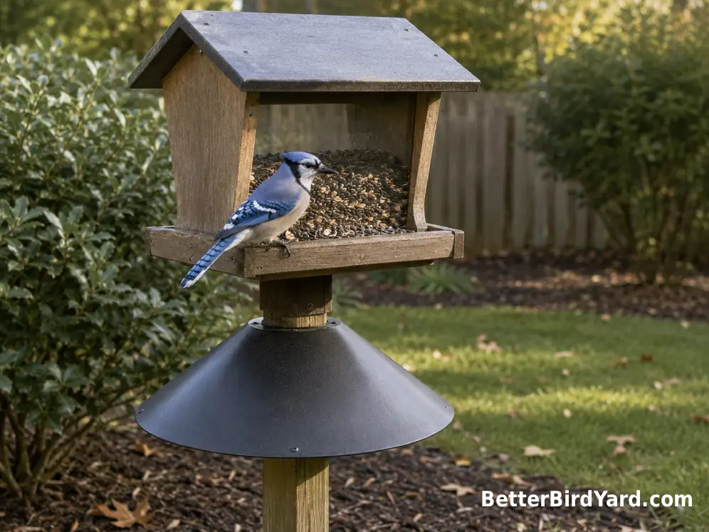 A sturdy hopper feeder with a wide landing ledge holds a small amount of fresh seed in a tidy backyard feeding area.