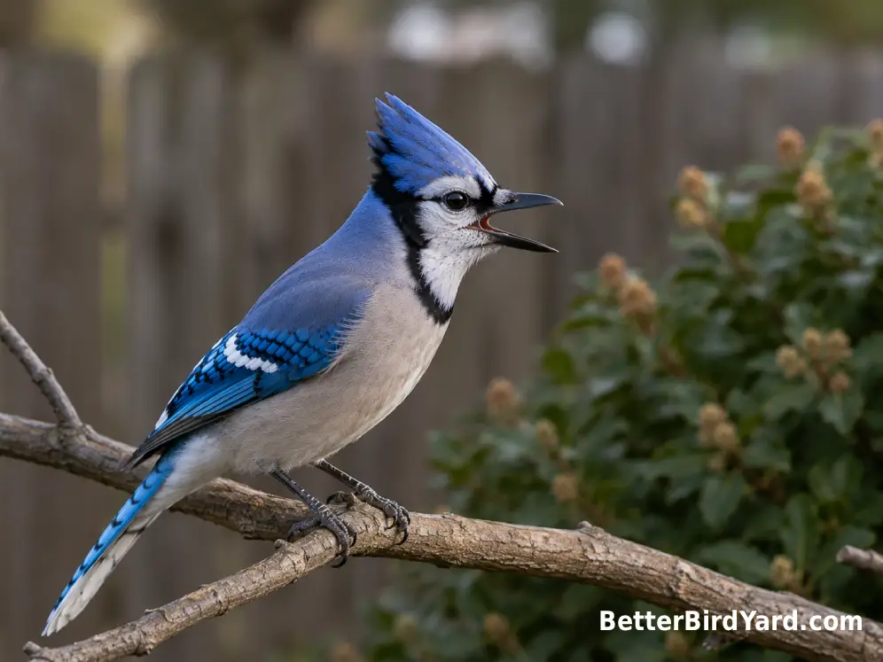 A Blue Jay calls from a bare branch with its crest raised while the surrounding backyard remains softly out of focus.
