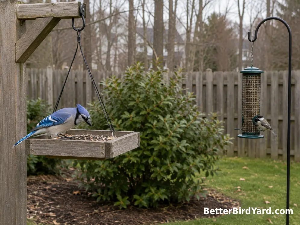 A Blue Jay uses one platform feeder while a smaller songbird waits on a separate feeder several feet away.