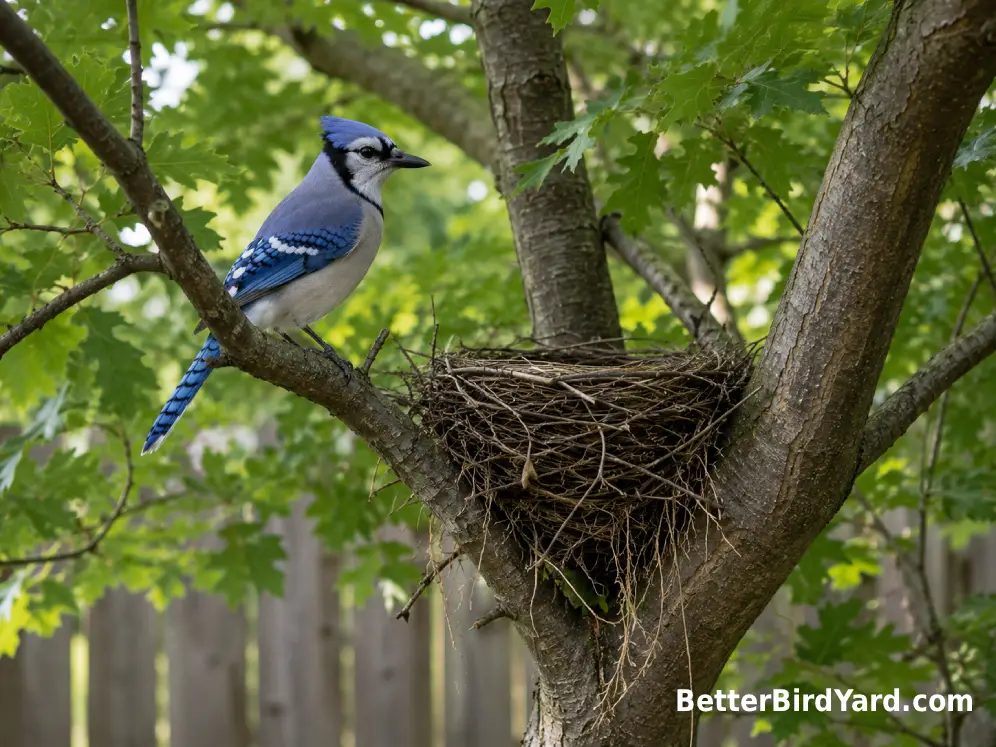 A Blue Jay stands beside a twig nest tucked securely in the fork of a leafy backyard tree.