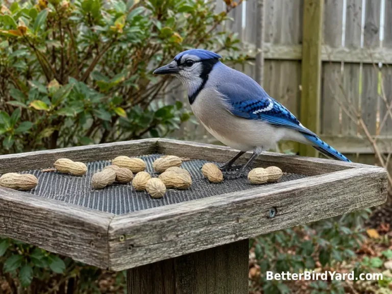 A Blue Jay stands on a sturdy wooden platform feeder beside several unsalted peanuts.