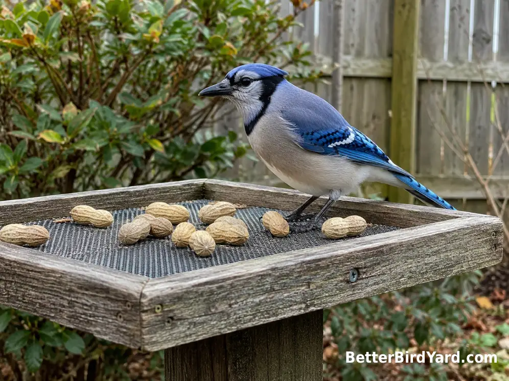 A Blue Jay stands on a sturdy wooden platform feeder beside several unsalted peanuts.