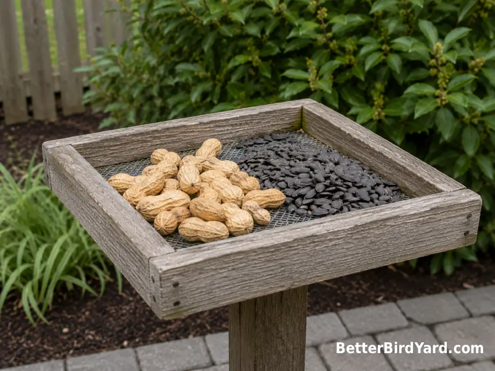 Unsalted peanuts and sunflower seeds sit in separate sections of a clean platform bird feeder.