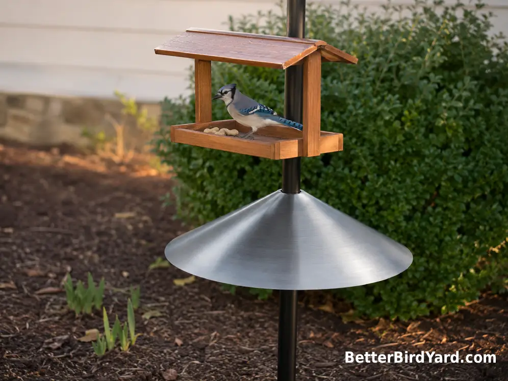 A metal squirrel baffle protects a Blue Jay platform feeder mounted on a backyard pole.