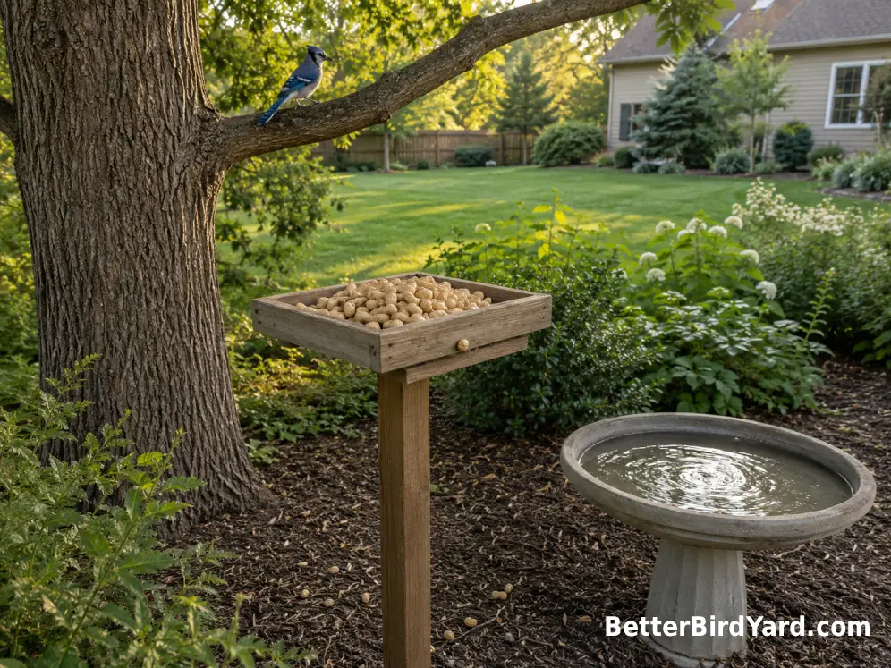 A simple peanut tray and bird bath sit near an oak and native shrubs in a suburban yard.