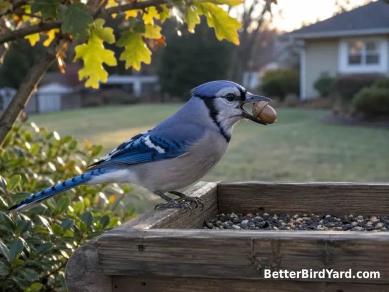 A Blue Jay holds an acorn while perched beside a backyard tray feeder.