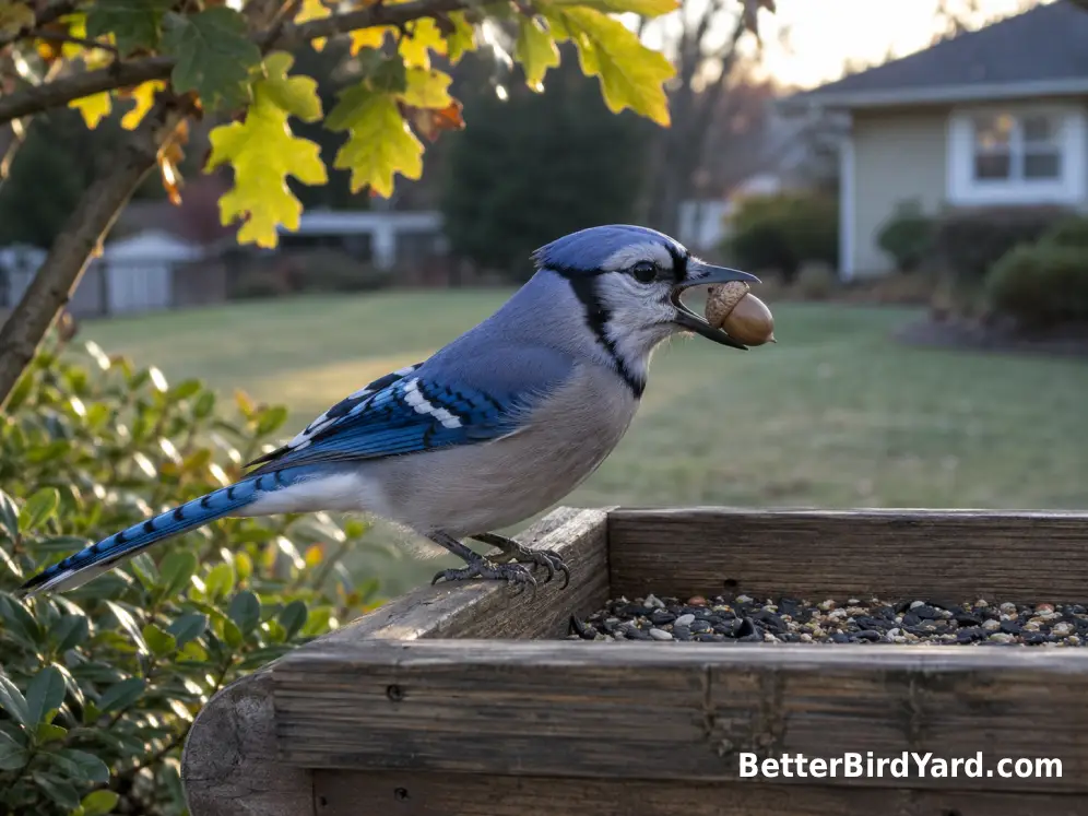 A Blue Jay holds an acorn while perched beside a backyard tray feeder.