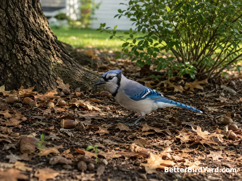 A Blue Jay searches among fallen oak leaves and acorns beneath a backyard oak tree.