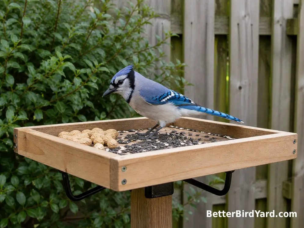 A Blue Jay stands on a tray feeder beside plain peanuts and sunflower seeds.
