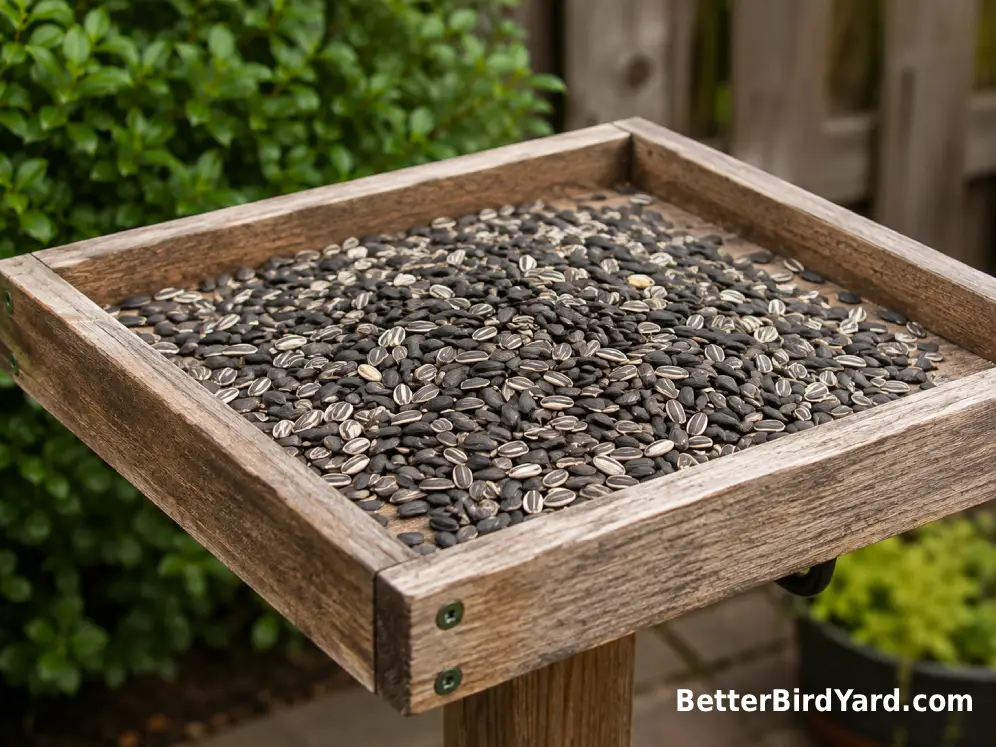 Sunflower seeds sit in a clean wooden feeder tray in a small backyard garden.
