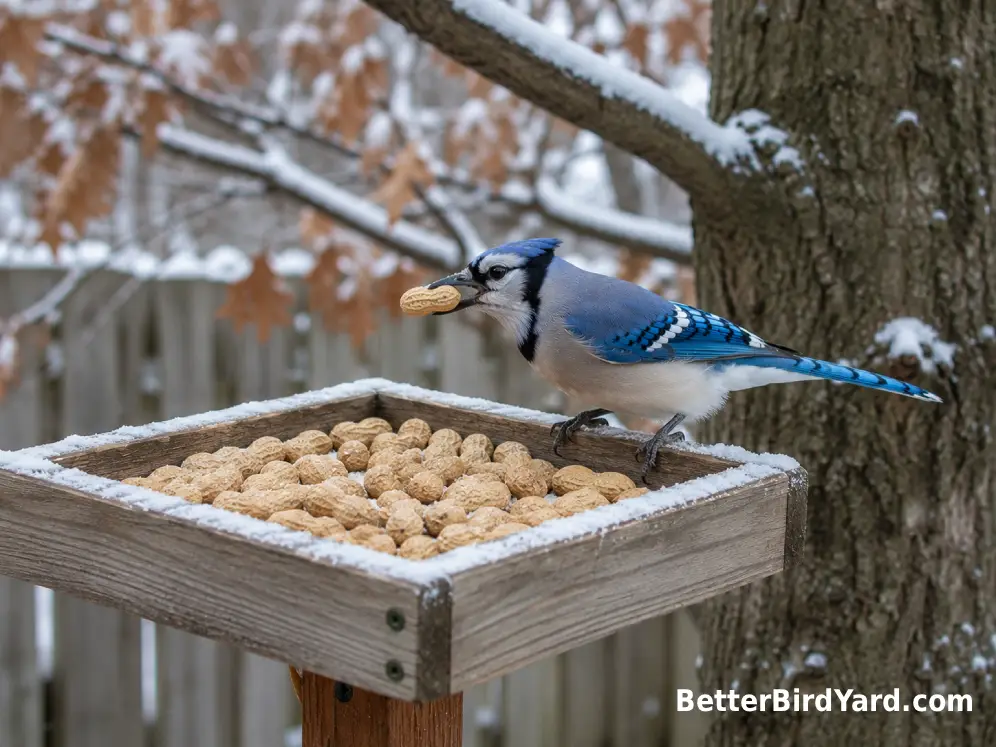 A Blue Jay eats a peanut from a platform feeder on a cold winter morning.