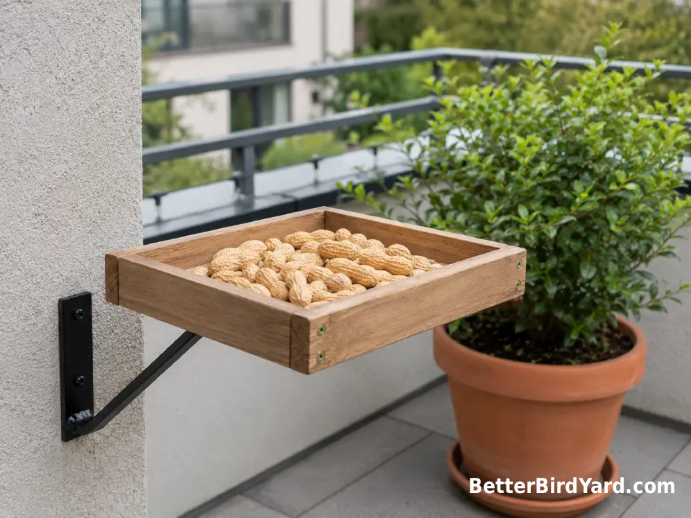 A clean tray feeder with a small amount of peanuts sits on a compact patio near a shrub.