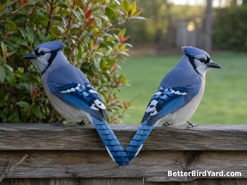 Two adult Blue Jays perch side by side on a weathered backyard fence rail.