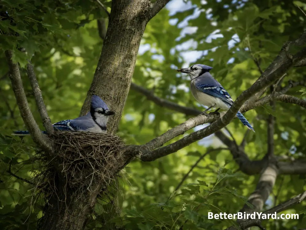 One Blue Jay sits on an open cup nest while another Blue Jay perches on a nearby branch with food.