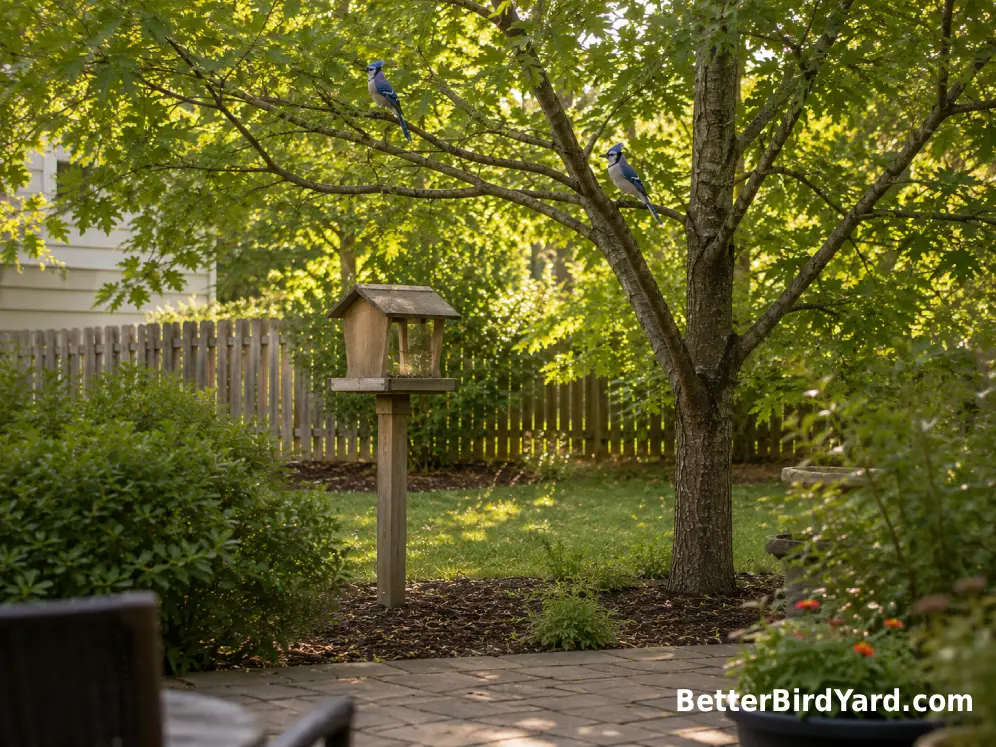 Two Blue Jays perch quietly in a leafy backyard tree viewed from across a small patio garden.