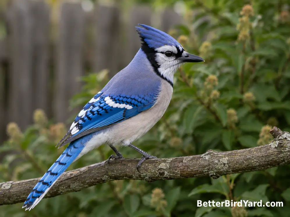 An adult Blue Jay perches in soft daylight showing blue wings, pale underparts, and black neck markings.