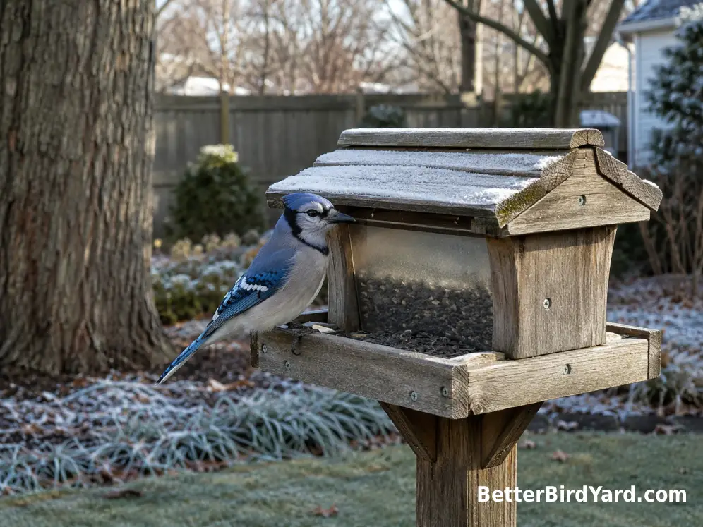 A Blue Jay perches on a hopper feeder in a suburban backyard on a cold winter morning.